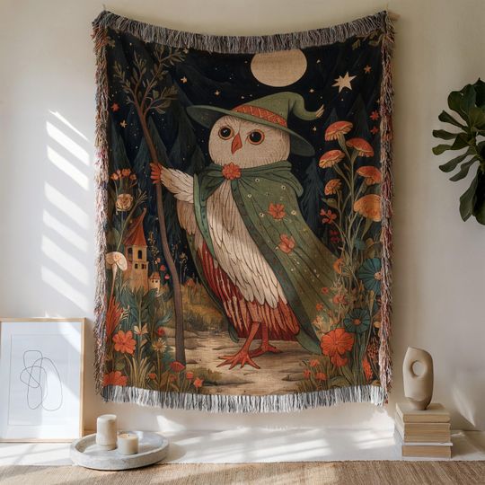 Discover Owl Wizard Woven Blanket: Magical Cottagecore Tapestry