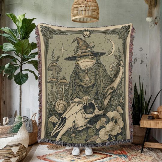 Discover Wizard Frog Woven Blanket, Botanical Mushroom Throw, Occult Forest Tapestry Home Decor