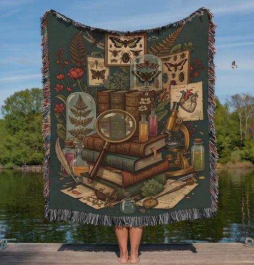 Discover Botanical Science Curiosity Cabinet Woven Blanket | Apothecary Science Laboratory Tapestry | Ornate Botanical Enchantment Biochemistry Art