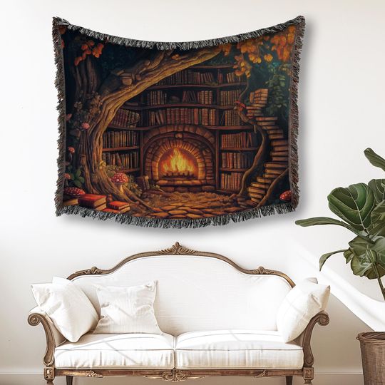 Discover Enchanted Library Woven Blanket: Goblincore Art Nouveau Cotton Throw for Book Lover