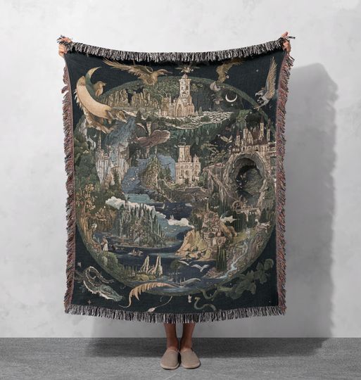 Discover Fantasy World Map Woven Blanket 100% Cotton with Fringe - Mystical Castles and Dragons Design Throw, Cottagecore Tapestry