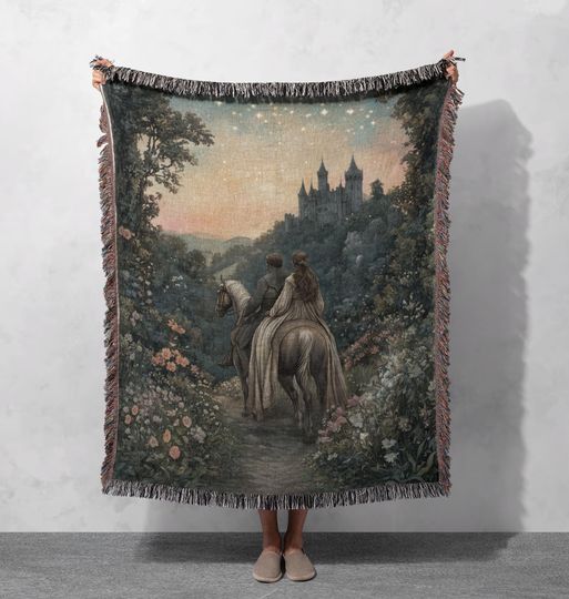 Discover 100% Cotton Fairytale Woven Blanket, Fantasy Castle Tapestry, Romantic Home Decor, Storybook Art Throw, Enchanting Cozy Blanket