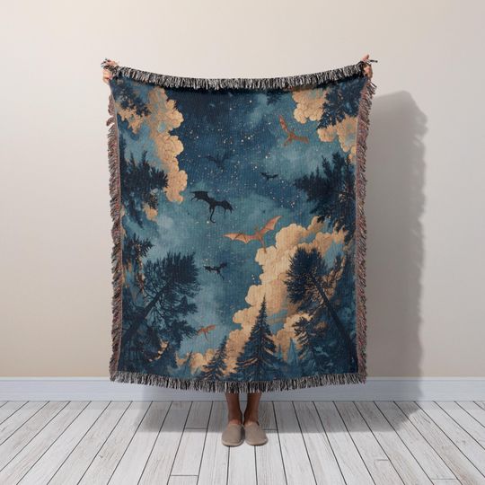 Discover Dragons Woven Blanket: Enchanted Night Sky Cotton Throw