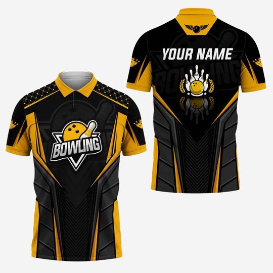 Discover Personalized Bowling Polo Shirt, Custom Name Bowling Jersey, Black Yellow Team Uniform Top, League Tournament Gift for Bowlers Men