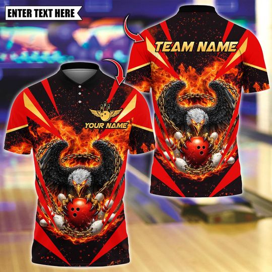 Discover Custom Bowling Team Polo Shirt, Flaming Eagle Bowling Design, Personalized Bowling Jersey for Men,Personalized Name Team 3D Shirt