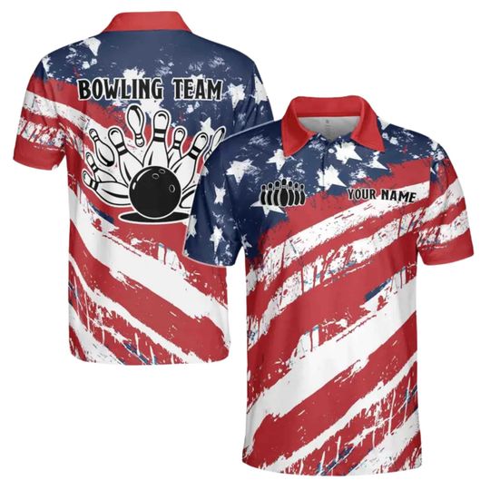 Discover Bowling Team Polo Shirt, USA Flag Bowling Shirt, Custom Name Bowling Polo, Red White Blue Team Uniform, Bowling Gift