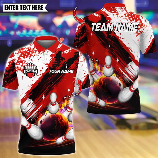 Discover Custom Bowling Team Polo Shirt, Flaming Bowling Design, Personalized Bowling Jersey for Men,Personalized Name Team 3D Shirt