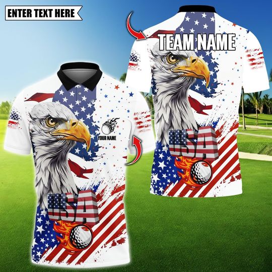 Discover Golf Eagle US Flag Customized Name, Team Name 3D Polo Shirt, Golf Team Jersey for Golfer, Gift for Golfer, Golf Shirt.