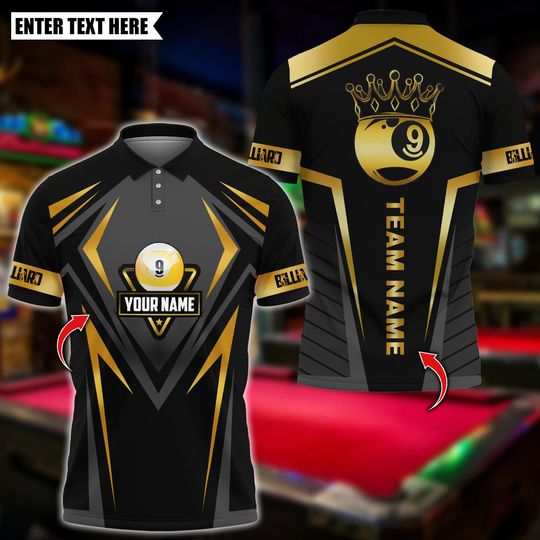 Discover Personalized Name Billiards Polo Shirt, Billiard Ball 9 Crowned Golden Design, Custom Team Shirt for Men, Gift for Billiards Players