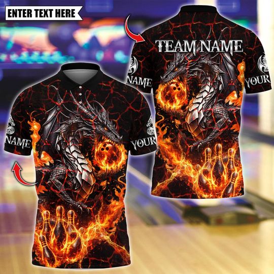 Discover Custom Bowling Team Polo Shirt, Metal Lava Dragon Bowling Design, Personalized Bowling Jersey for Men,Personalized Name Team 3D Shirt