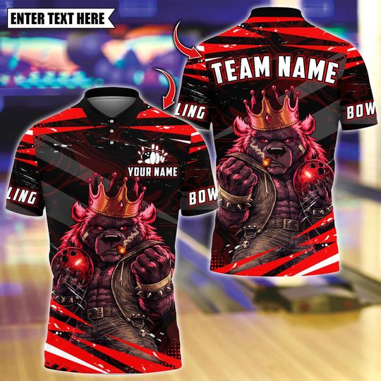 Discover Custom Bowling Team Polo Shirt, Muscle King Bear Bowling Design, Personalized Bowling Jersey for Men,Personalized Name Team 3D Shirt