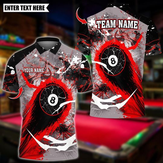 Discover Personalized Name Billiards Polo Shirt, Billiard 8 Ball Stains Design, Custom Team Shirt for Men, Gift for Billiards Players