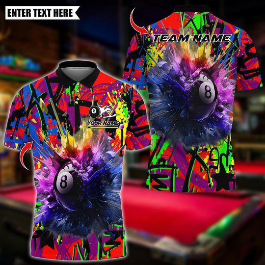 Discover Personalized Name Billiards Polo Shirt, Billiards 8 Ball Graffiti Explosion Paint Design, Team Shirt for Men, Gift for Billiards Players