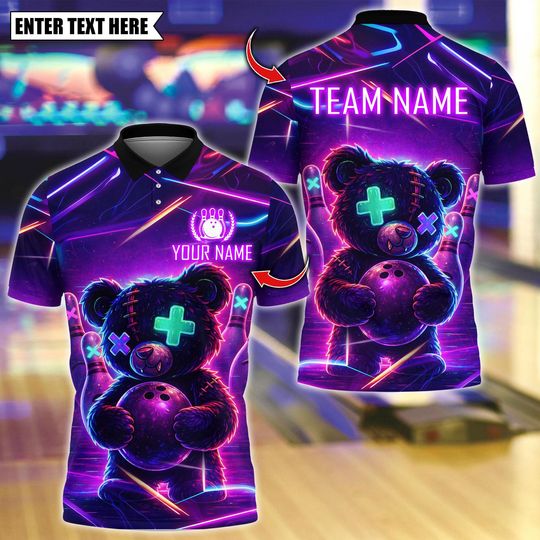 Discover Custom Bowling Team Polo Shirt, Neon Bear Bowling Design, Personalized Bowling Jersey for Men,Personalized Name Team 3D Shirt