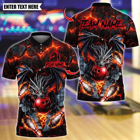 Discover Custom Bowling Team Polo Shirt, Thunder Dragon Bowling Design, Personalized Bowling Jersey for Men,Personalized Name Team 3D Shirt