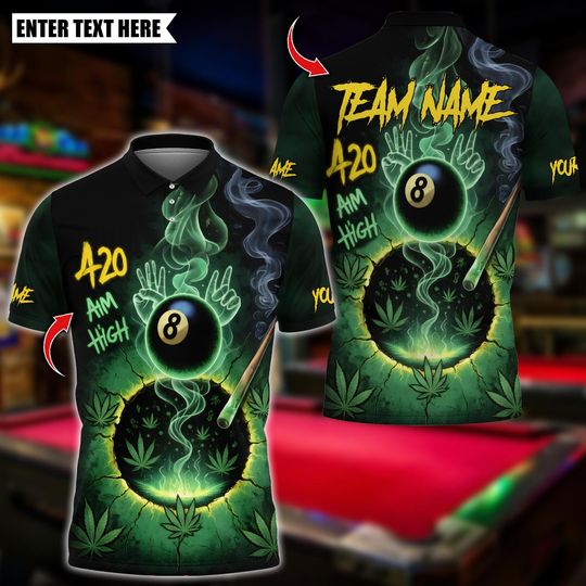 Discover Personalized Name Billiards Polo Shirt, High Aim 420 8 Ball Design, Custom Team Shirt for Men, Gift for Billiards Players