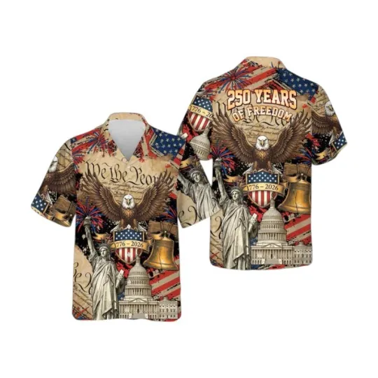 Discover USA 250th Anniversary Hawaiian Shirt Patriotic Eagle Liberty Button Up