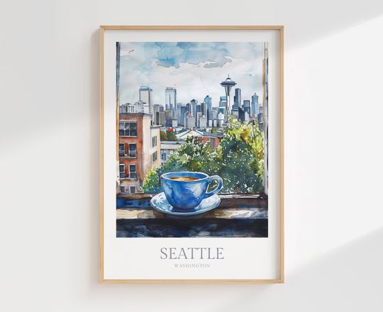 Discover Seattle Washington Watercolor Poster Digital Download Printable Wall Art Home Decor Space Needle Wall Art Seattle City View Digital Download