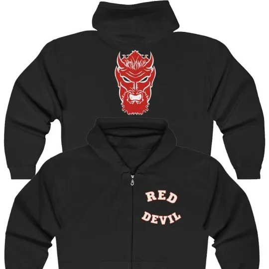 Discover Double Sided Zip Hoodie with Red Devil Graphic