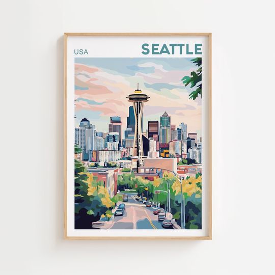 Discover Seattle Skyline Watercolor Painting, Seattle Poster Digital Download Washington Travel Print, USA Wall Art, Poster, Art Print, Travel Poster