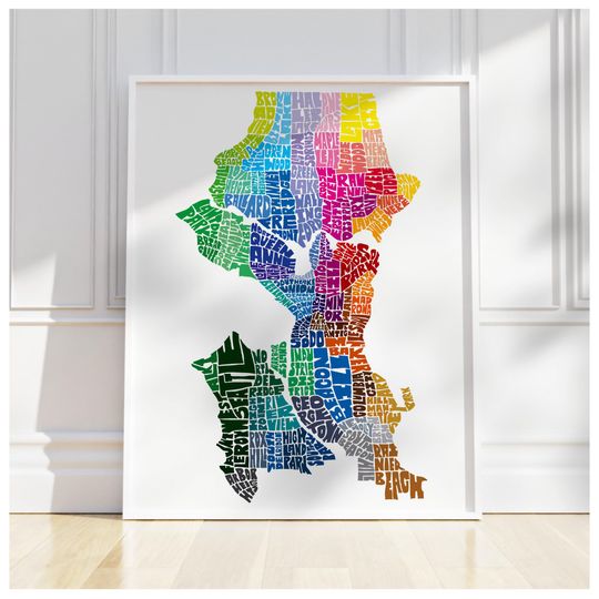 Discover Seattle neighborhood map art print, Signed print of my original hand drawn Seattle typography map art