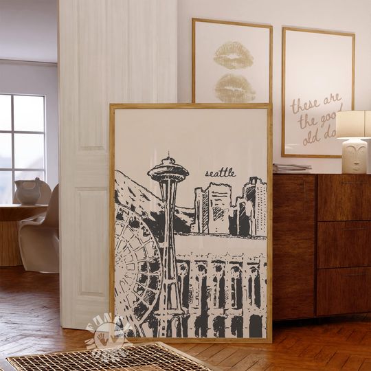 Discover Retro Seattle Print, Trendy Wall Art, City Travel Poster, Printable Art, Digital Prints, Dorm Decor, Apartment Aesthetic, Downloadable Art