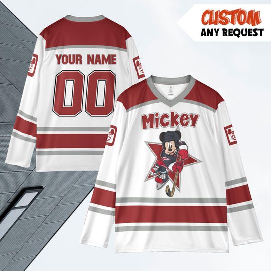 Discover Personalize Mickey Hockey Jersey, Personalized Ice Hockey Jersey Sweatshirt Team Sports Disneyland Family Vacation Birthday Gift For Fans