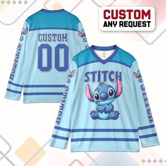 Discover Personalized Stitch Hockey Jersey, Custom Disney Lilo and Stitch Shirt, Cartoon Team Outfit, Disneyland Vacation Tee, Birthday Gift for Fans