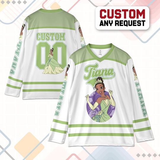 Discover Personalized Tiana Hockey Jersey, Custom Princess and the Frog Shirt, Magic Kingdom Disney Princess Green Hockey Outfit, Tiana Princess Gift