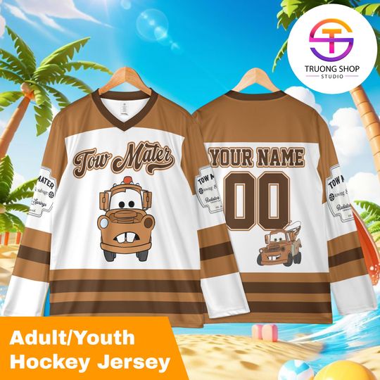 Discover Personalized Tow Mater Hockey Jersey, Custom Disney Cars Cartoon Team Shirt, Matching Family Vacation Fan Gift