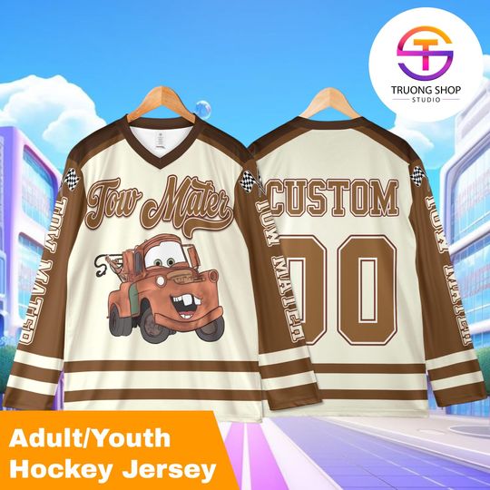 Discover Custom Tow Mater Hockey Jersey  Personalized Disney Cars Cartoon Team Shirt, Matching Family Vacation Gift for Fans