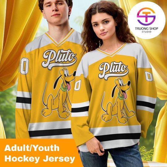 Discover Personalized Disney Mickey and Friends Pluto Hockey Jersey Gold and Black, Custom Disneyland Hockey Jersey, Team Outfit, Gift for Fans
