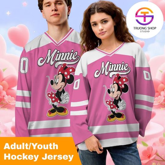 Discover Personalized Minnie Ice Hockey Jersey Pink and White, Mickey Hockey Jersey, Disney Mickey Hockey Fan Lover Gift, Family Vacation Outfit