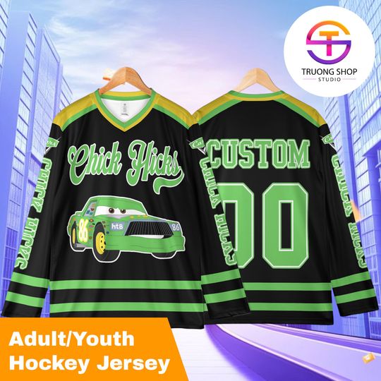 Discover Personalized Chick Hicks Hockey Jersey, Custom Cars Movie Shirt, Disney Pixar Hockey Outfit, Green Racing Car Fan Gift