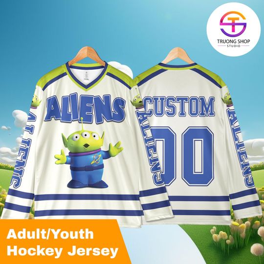 Discover Custom Toy Story Aliens Hockey Jersey, Personalized Little Green Men Disney Shirt, Matching Family Sports Outfit, Fun Fan Gift