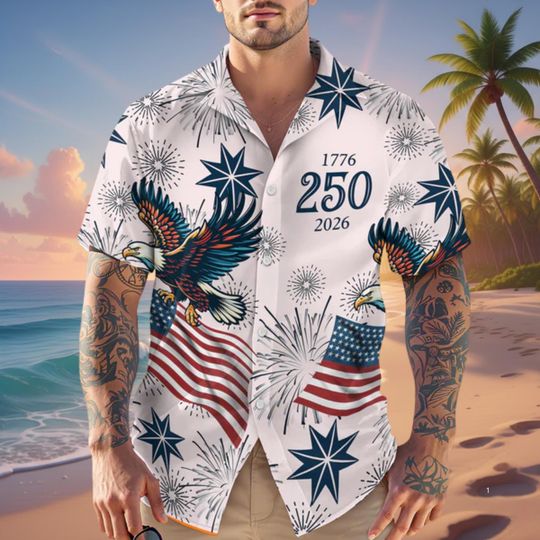 Discover USA 250th Anniversary Hawaii Shirt, 1776-2026 Patriotic Eagle Button Down, American Flag Fireworks Tropical Shirt, Independence Day Gift