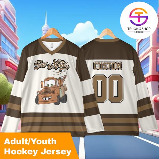Discover Personalized Tow Mater Hockey Jersey, Custom Disney Cars Cartoon Team Shirt, Fun Pixar Fan Gift