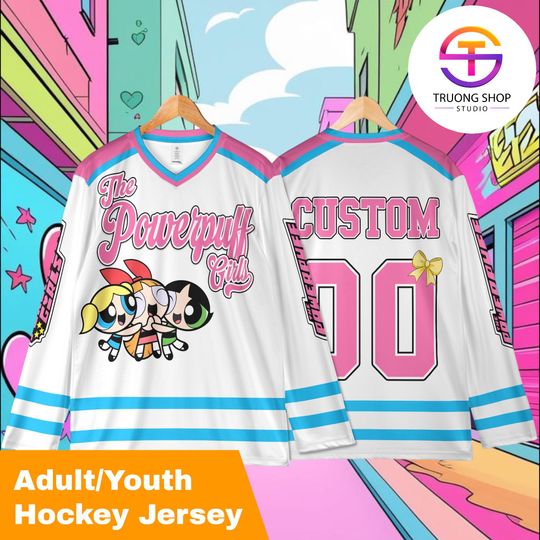 Personalized Powerpuff Girls Hockey Jersey, Custom Blossom Bubbles Buttercup Cartoon Sports Shirt, Matching Family Fan Outfit
