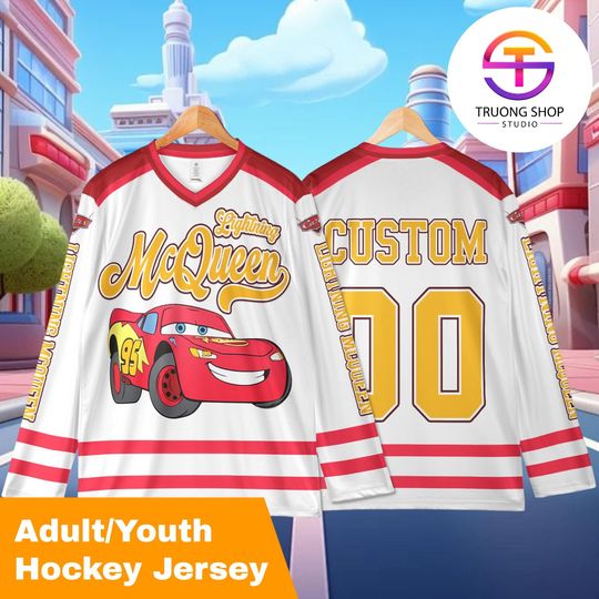 Discover Personalized Lightning McQueen Hockey Jersey, Custom Disney Cars Shirt, Disney Hockey Team Outfit, Gift for Fans