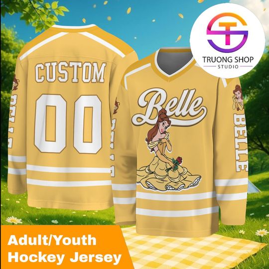 Discover Personalized Belle Ice Hockey Jersey, Custom Beauty and the Beast Disney Team Shirt, Family Matching Cartoon Sports Outfit