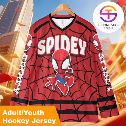 Discover Personalized Spidey Marvel Hockey Jersey, Custom Superhero Cartoon Team Shirt, Matching Family Trip Outfit, Birthday Fan Gift
