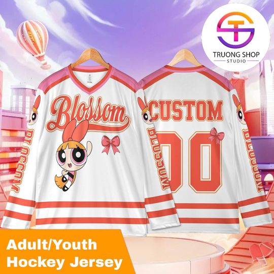 Personalized Blossom Hockey Jersey, Custom Powerpuff Girls Cartoon Shirt, Matching Family Sports Outfit, Fan Gift