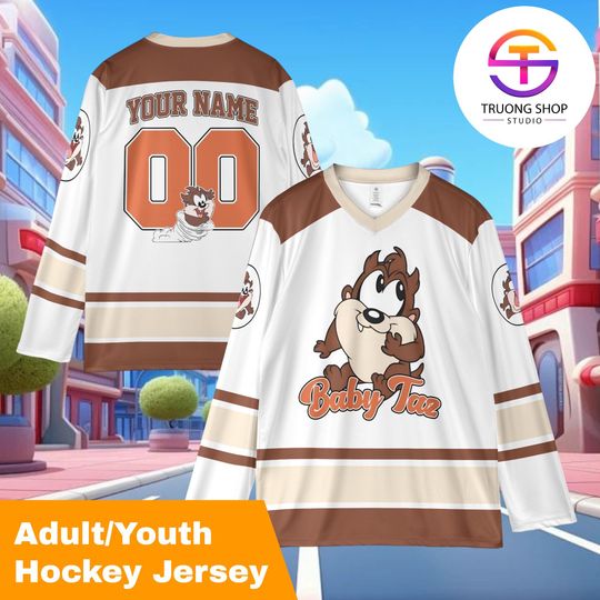 Personalized Baby Taz Hockey Jersey, Custom Looney Tunes Taz Cartoon Shirt, Cute Team Sports Outfit, Birthday Fan Gift