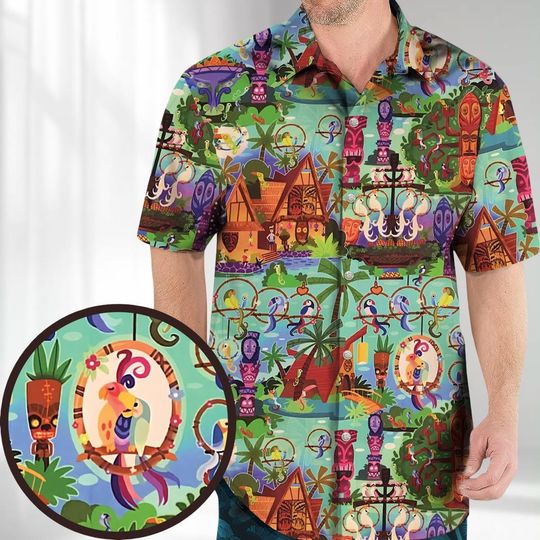 Discover Tropical Tiki Hawaiian Shirt Men, Cartoon Island Button Down Shirt, Animals Aloha Shirt, Beach Shorts, Cartoon Summer Men Women Outfit