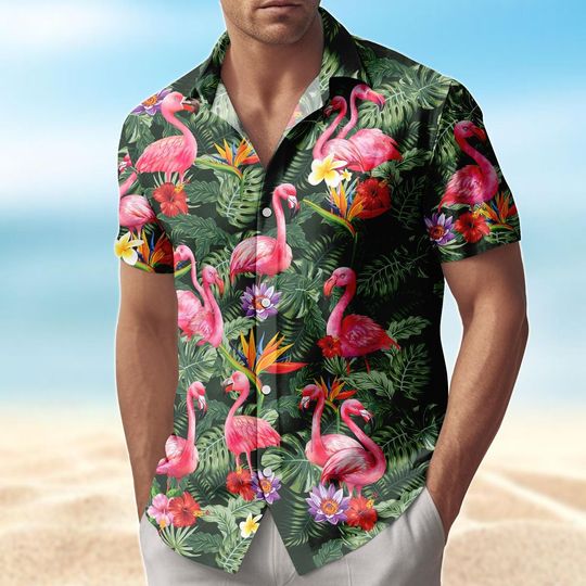 Discover Flamingo Tropical Hawaiian Shirt, Pink Bird Button Down Shirt, Jungle Floral Aloha Shirt, Summer Shorts, Vacation Outfit For Beach Trip