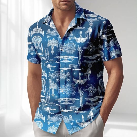 Discover Vintage Star Wars Hawaiian Shirt, Spaceships Button Down Shirt, Epic Space Battle Aloha Shirt Men, Beach Shorts, Galaxy's Edge Tee