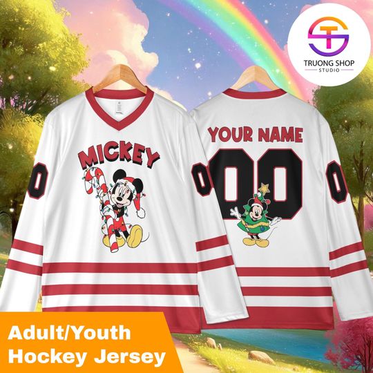 Discover Personalized Mickey Inspired Christmas Hockey Jersey, Custom Name Number Holiday Hockey Shirt, Family Matching Disney Xmas Jersey 2025