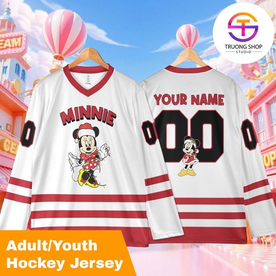 Discover Personalized Minnie Inspired Christmas Hockey Jersey, Custom Name Number Holiday Hockey Shirt, Family Matching Disney Xmas Jersey 2025