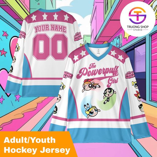 Personalized Powerpuff Girls Hockey Jersey, Custom Cartoon Shirt, Blossom Bubbles Buttercup Outfit, Matching Family Tee, Fan Gift