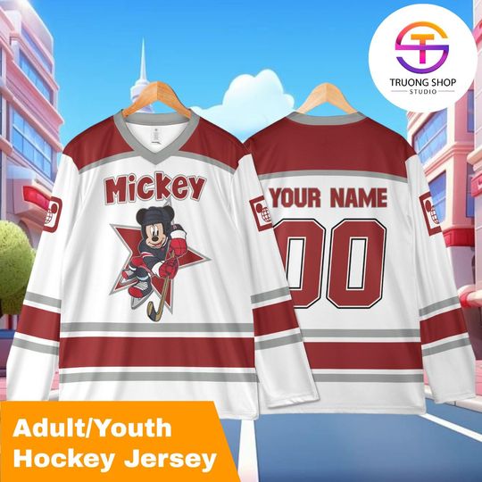 Discover Personalized Mickey Hockey Jersey Sweatshirt, Custom Ice Hockey Team Shirt, Disneyland Family Vacation Gift